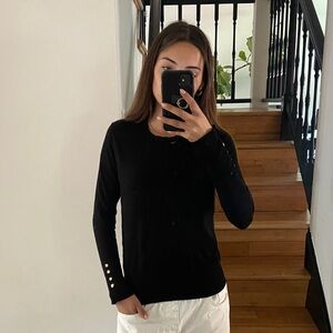 Zara Black Long-Sleeve Crewneck Top with Sleeve Button Detail